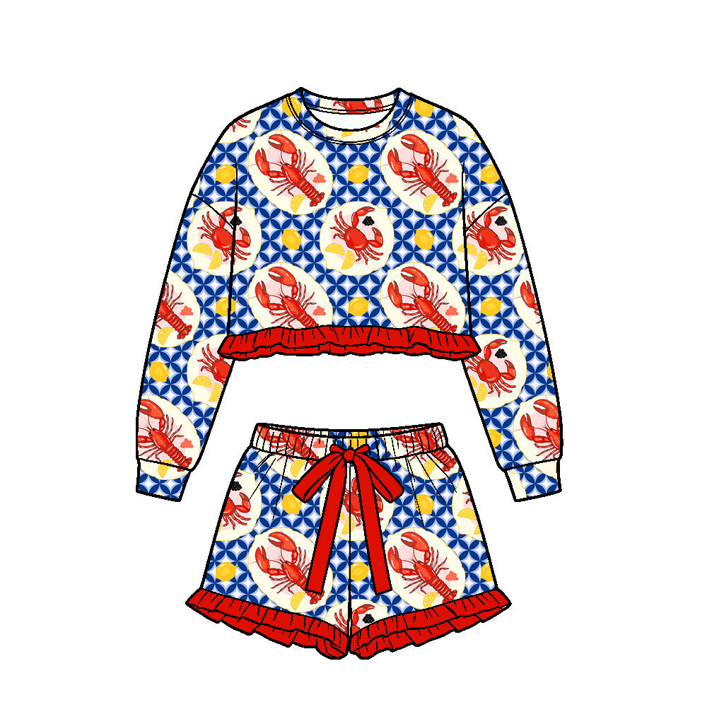 Preorder (moq 5) Girls Crawfish Plate Blue Geometric Print Long Sleeve Crop Top Ruffle Shorts Boutique Outfits Clothes Sets