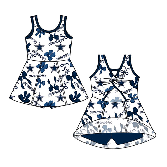 Preorder moq 5 Baby Girls Hot Blue Cowboys Bows Plaid Shorts Team Knee Length Dress