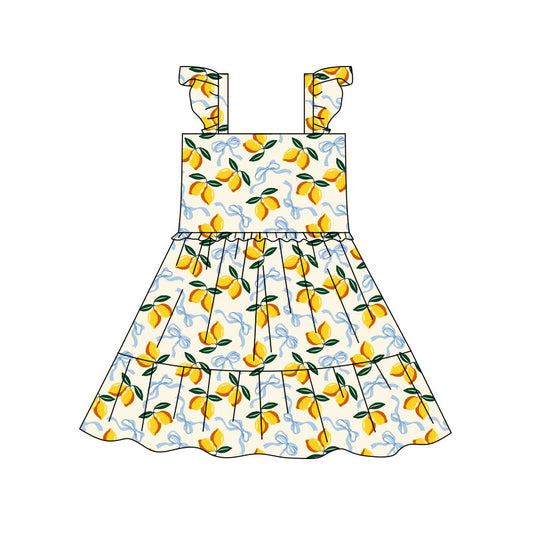 Preorder(moq 5) Baby Girls Bows Lemons Plaid Patchwork Knee Length Dresses