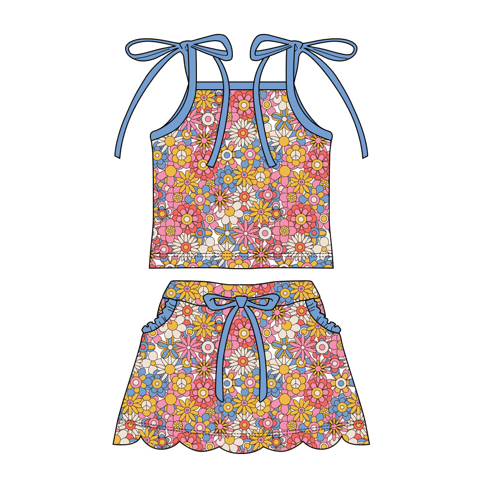 Preorder moq 5 Baby Girls Strap Colorful Flowers Top Pockets Scallop Skirt Short Clothes Sets
