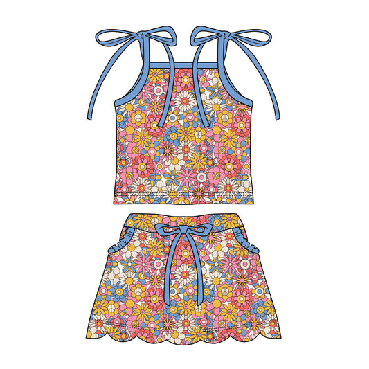 Preorder moq 5 Baby Girls Strap Colorful Flowers Top Pockets Scallop Skirt Short Clothes Sets