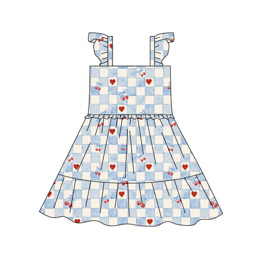 Preorder(moq 5) Baby Girls Blue Checked Hearts Cherry Patchwork Knee Length Dresses