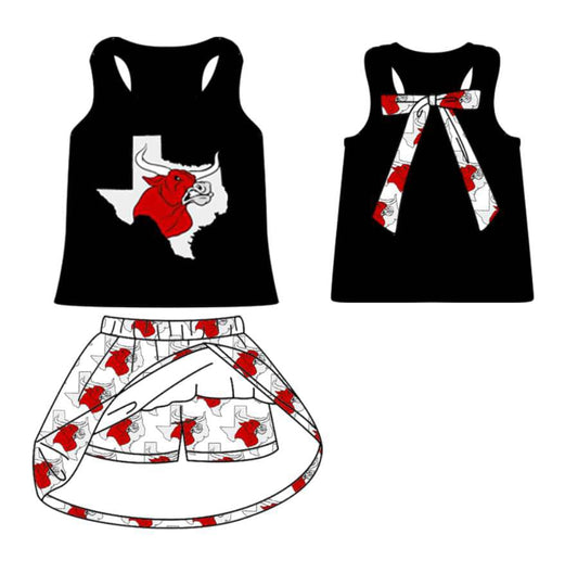 Split Preorder July 20th Baby Girls Black Sleeveless Red Skull Vest Top Plaid Skorts Team Set