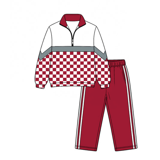 Preorder (moq 5)Baby Boys Grey Red Checked Zip Pullover Top Pant Team Clothes Sets