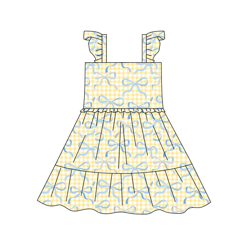 Preorder(moq 5) Baby Girls Yellow Checked Bows Patchwork Knee Length Dresses