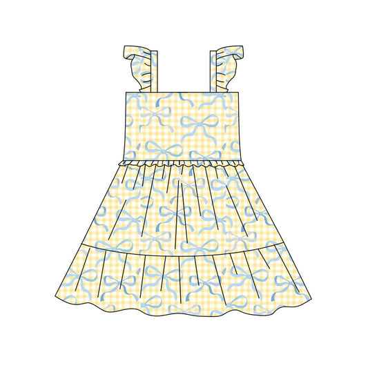 Preorder(moq 5) Baby Girls Yellow Checked Bows Patchwork Knee Length Dresses