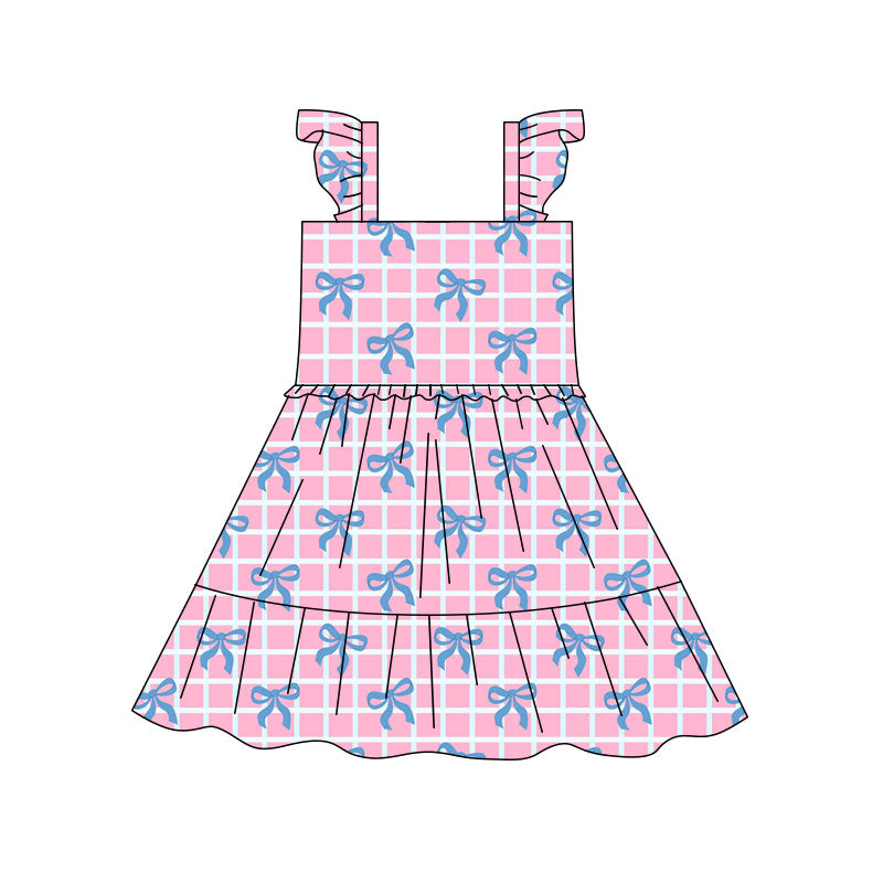 Preorder(moq 5) Baby Girls Pink Checked Bows Patchwork Knee Length Dresses