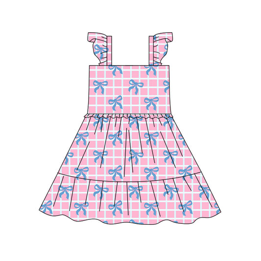 Preorder(moq 5) Baby Girls Pink Checked Bows Patchwork Knee Length Dresses