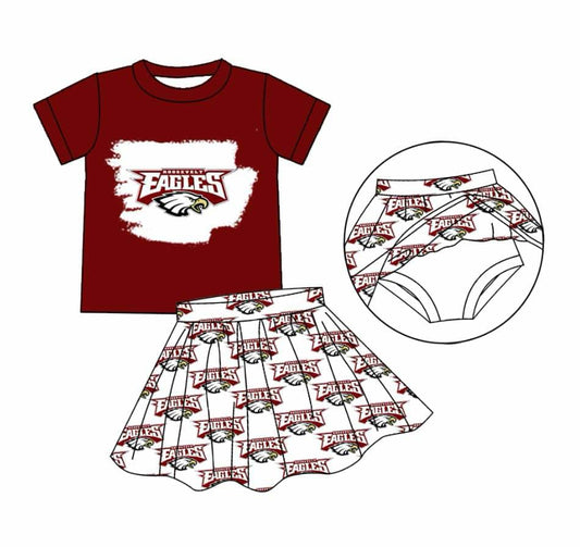 Split Preorder July 20th Baby Girls Red Short Sleeves Eagles Top Plaid Bummies Skorts Team Set
