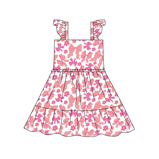 Preorder(moq 5) Baby Girls Pink Flowers Bows Patchwork Knee Length Dresses
