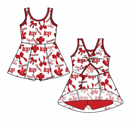 Split Preorder July 20th Baby Girls Red Sleeveless LCP Bows Plaid Shorts Team Knee Length Dress