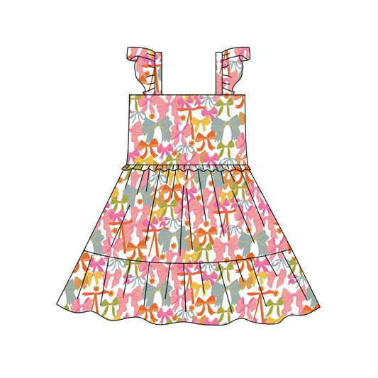 Preorder(moq 5) Baby Girls Colorful Flowers Bows Patchwork Knee Length Dresses