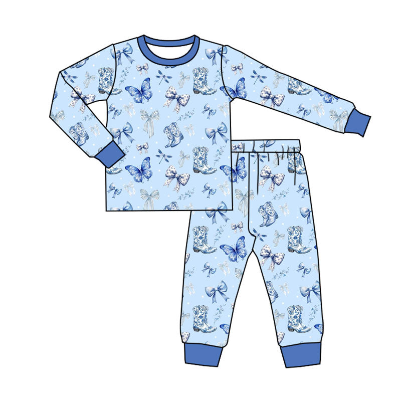 Preorder (moq 5)Baby Boys Blue Boots Butterfly Top Pants Pajamas Sets
