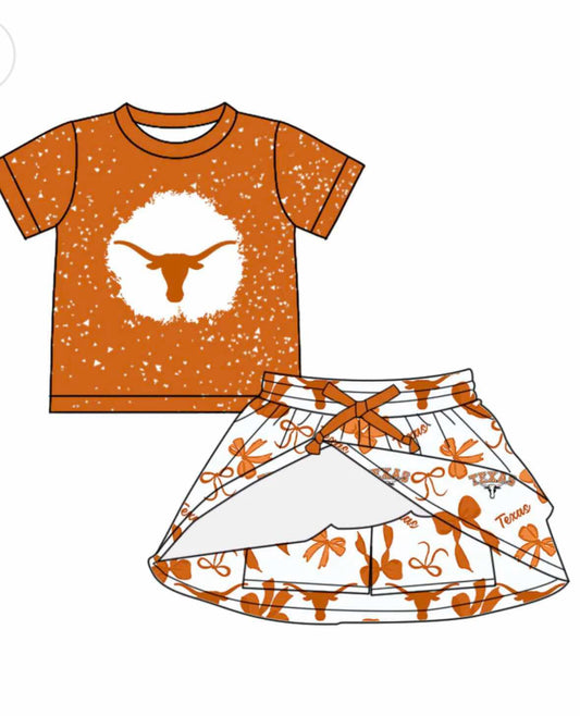 Split Preorder July 20th Baby Girls Orange Short Sleeves Bull Skull Top Bows Plaid Skorts Team Set