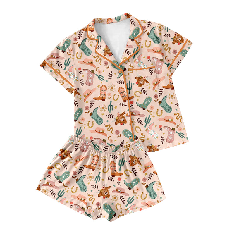 Preorder(moq 5)Adult Women Pink Short Sleeves Button Pocket Highland Cows Boots Top Short Pajamas Set