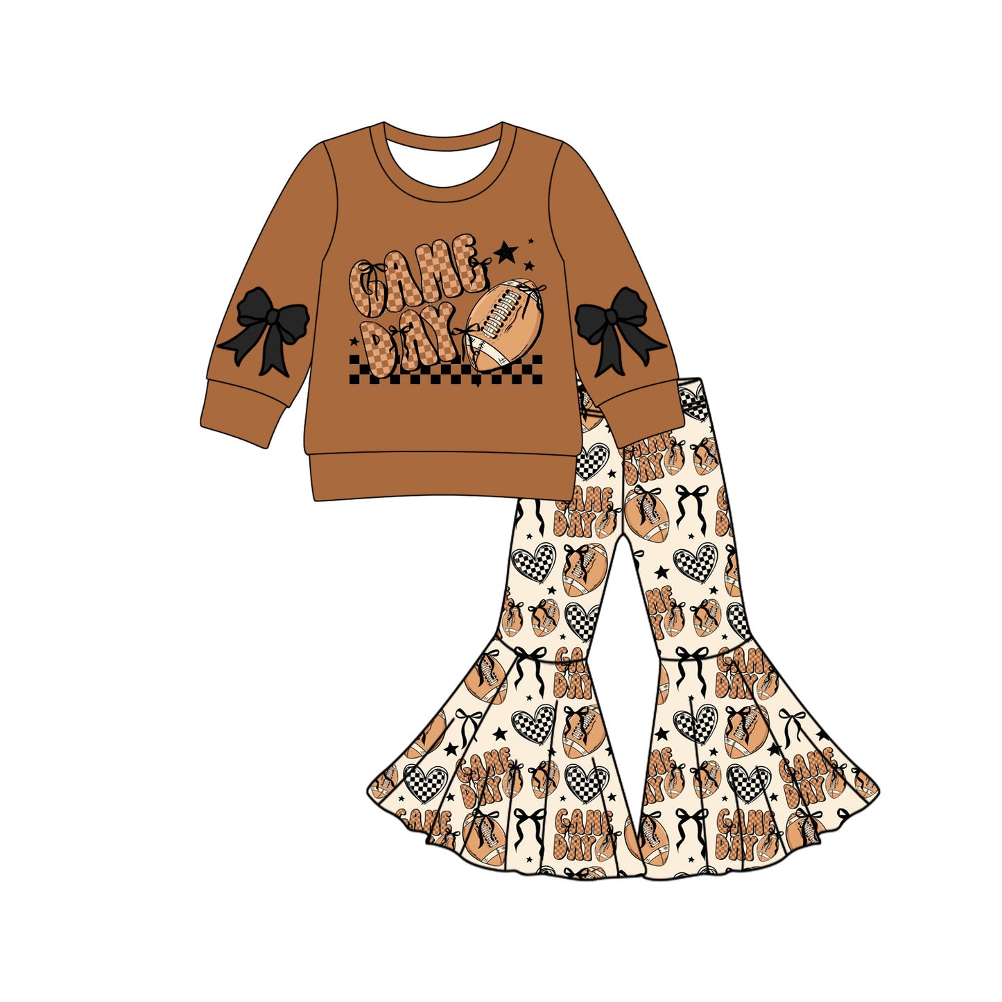 Preorder (moq 5)Baby Girls Brown Game Day Football Top Bell Bottom Pants Team Clothes Set