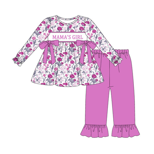Preorder(moq 8)Baby Girls Hot Pink Flowers Bows Mama's Girl Tunic Ruffle Pants Clothes Sets