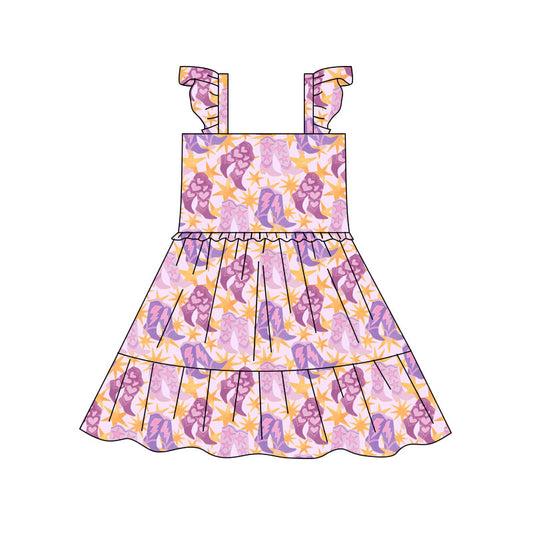 Preorder(moq 5) Baby Girls Lavender Floral Boots Patchwork Western Knee Length Dresses