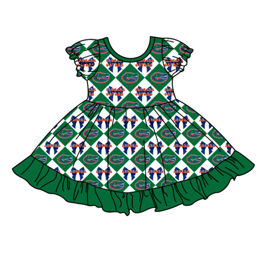 Preorder (moq 5)Baby Girls Team Bows Checked Ruffle Knee Length Dresses