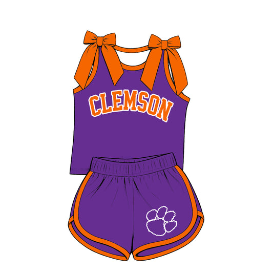 Preorder (moq 5) Baby Girls Orange Bows Clemson Vest Short Team Clothes Set