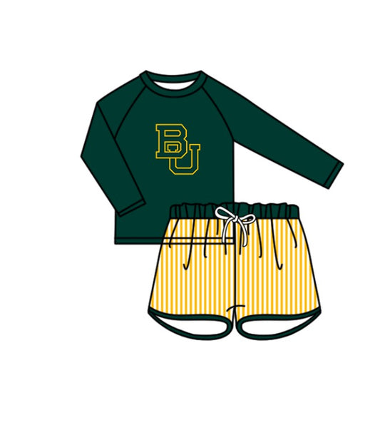 Preorder moq 5 Baby Boys Green BU Long Sleeve Top Stripe Shorts Team Swimsuits