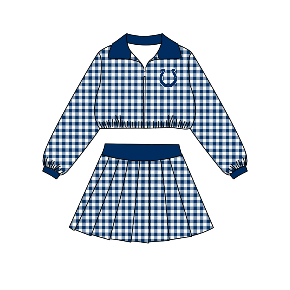 Preorder (moq 5)Baby Girls Navy Checked Colts Zip Pullovers Skirt Short Team Clothes Set