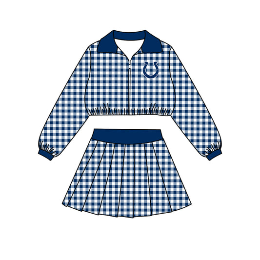 Preorder (moq 5)Baby Girls Navy Checked Colts Zip Pullovers Skirt Short Team Clothes Set