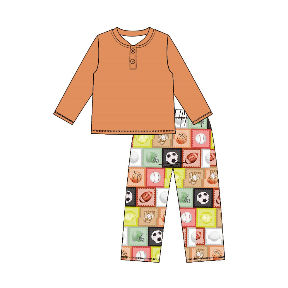 Preorder (moq 5) Baby Boy Clothes Multi Sport Ball Patchwork Mixed Print Long Sleeve Henley Pant Set