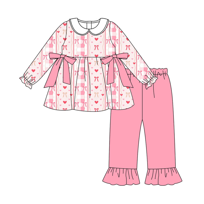 Preorder (moq 5)Baby Girls Long Sleeves Pink Bows Hearts Stripes Tunic Ruffle Pants Set