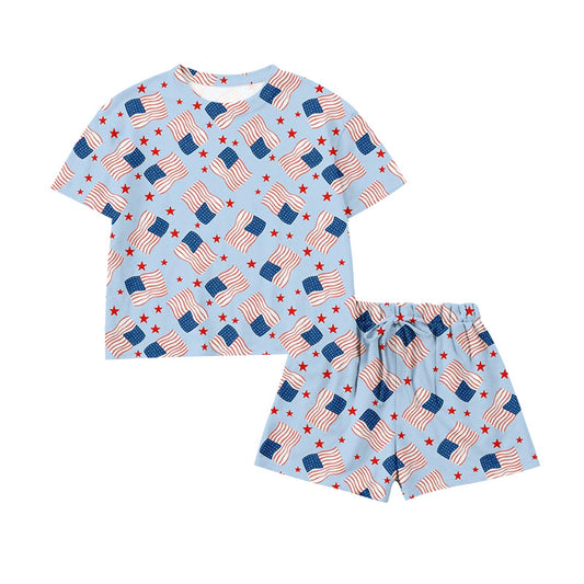 Preorder moq 5 Baby Girls Flags Stars Top Short 4th of July Clothes Set