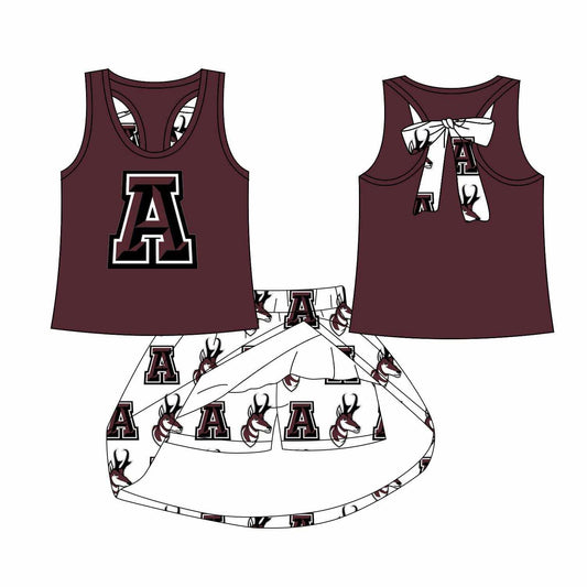 Split Preorder July 20th Baby Girls Dark Red Sleeveless A Vest Top Deer Plaid Skorts Team Set