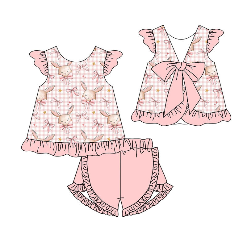 Preorder(moq 5) Baby Girls Pink Bows Rabbits Checked Tunic Ruffle Shorts Easter Clothes Sets
