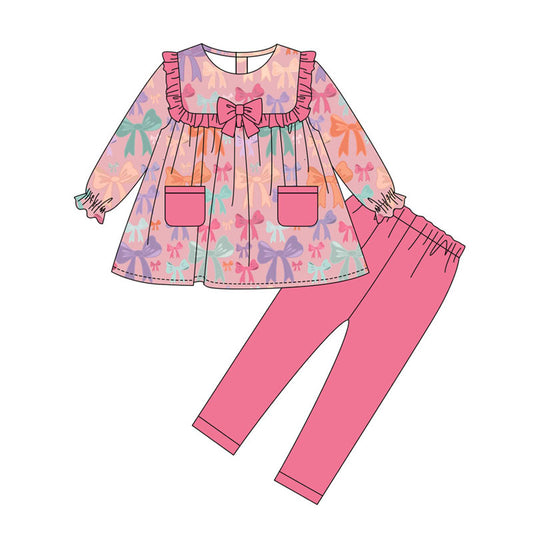 Preorder(moq 8)Baby Girls Colorful Bows Pockets Tunic Leggings Clothes Sets