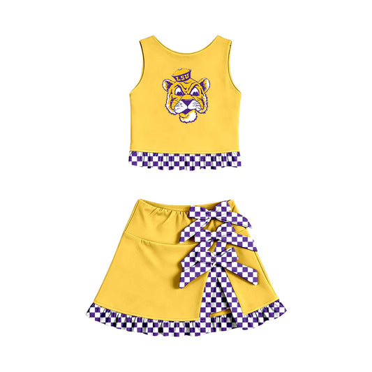 Preorder (custom moq 5)Baby Girls LSU Tiger Vest Bows Ruffle Skirt Short Team Clothes Sets