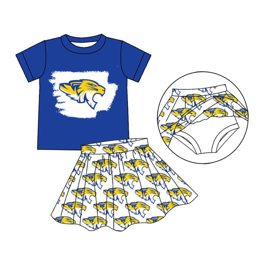 Split Preorder July 20th Baby Girls Blue Short Sleeves Shirts Top Plaid Bummies Skorts Team Set
