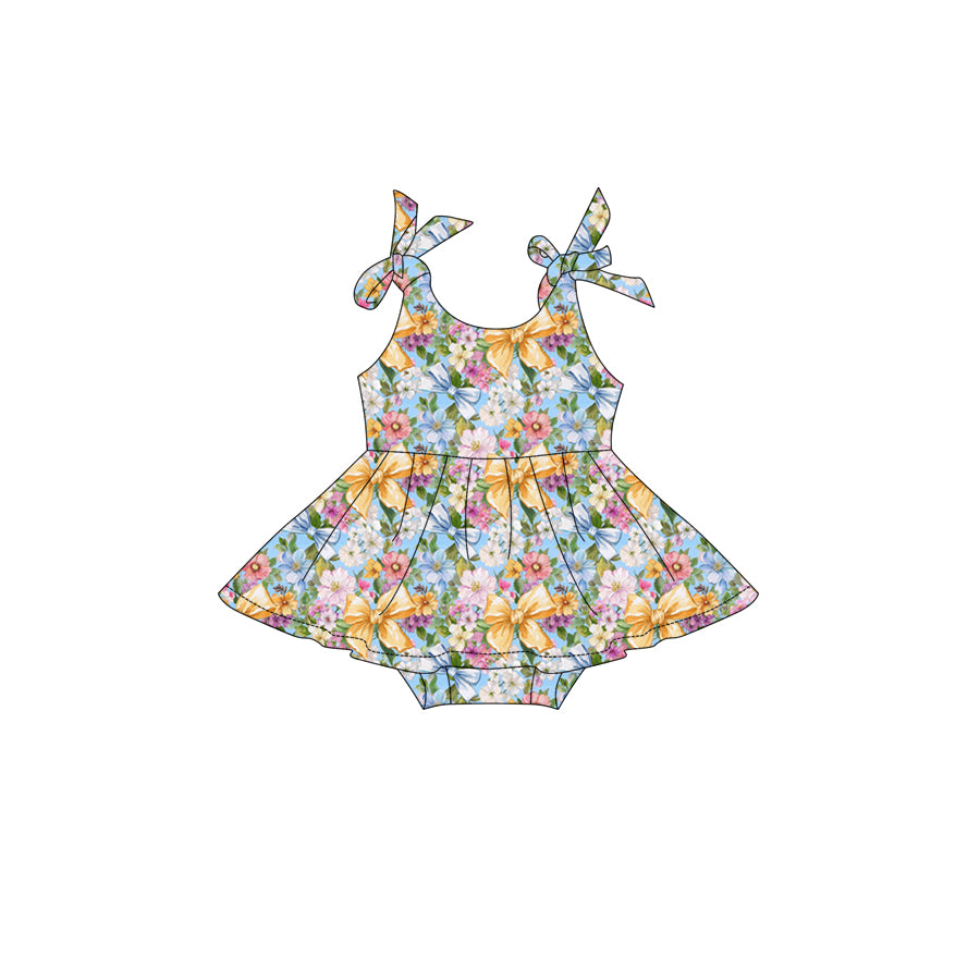 Preorder (moq 5)Baby Girls Strap Colorful Bows Flowers Tunic Ruffle Rompers