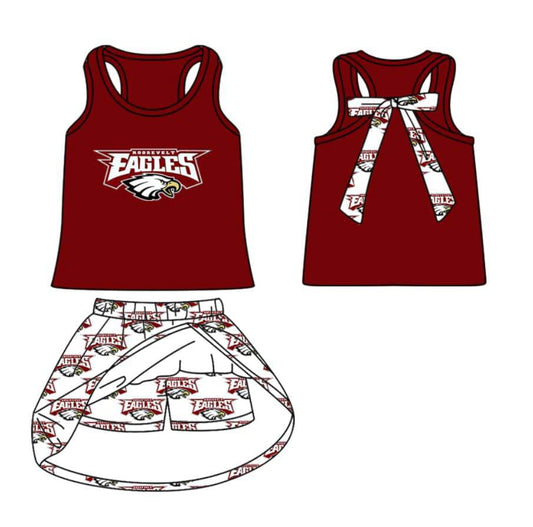 Split Preorder July 20th Baby Girls Dark Red Sleeveless Eagles Vest Top Plaid Skorts Team Set