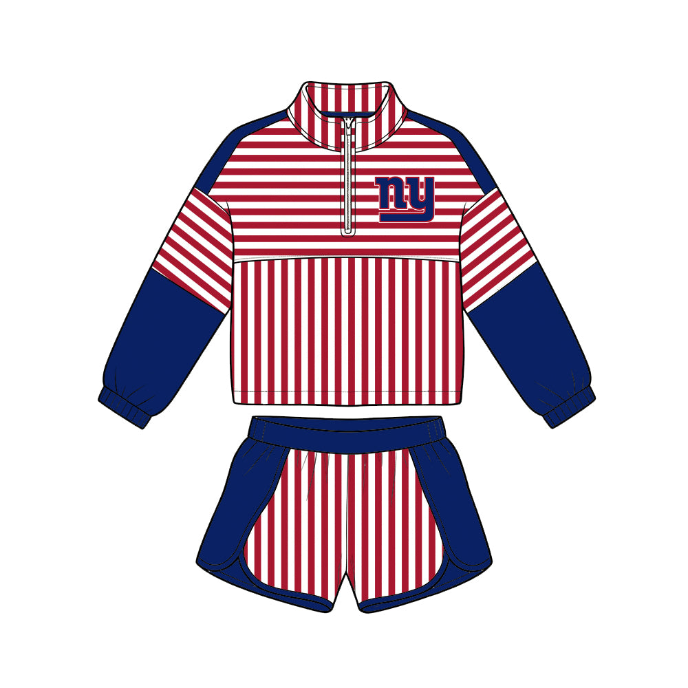 Preorder (moq 5)Baby Girls Orange Stripe Giants Zip Pullovers Short Team Clothes Set