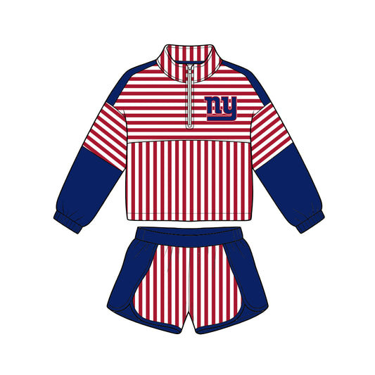 Preorder (moq 5)Baby Girls Orange Stripe Giants Zip Pullovers Short Team Clothes Set