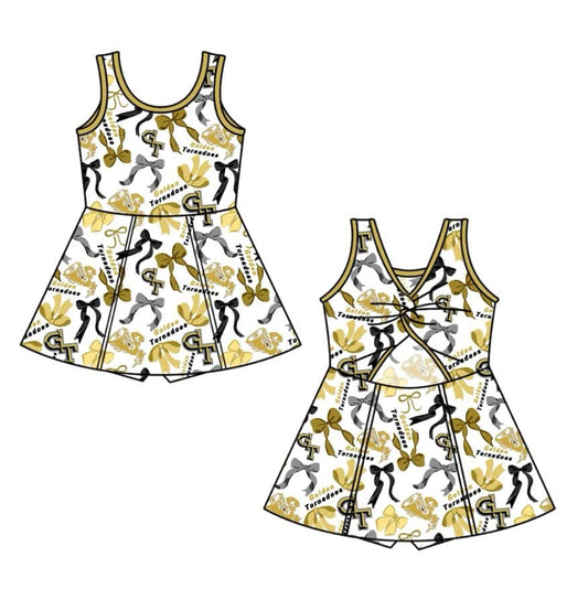 Split Preorder July 20th Baby Girls Sleeveless Yellow GT Bows Plaid Shorts Team Knee Length Dress
