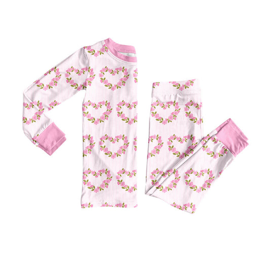 Preorder (moq 5)Baby Girls Pink Flower Hearts Top Pants Valentine Pajamas Sets