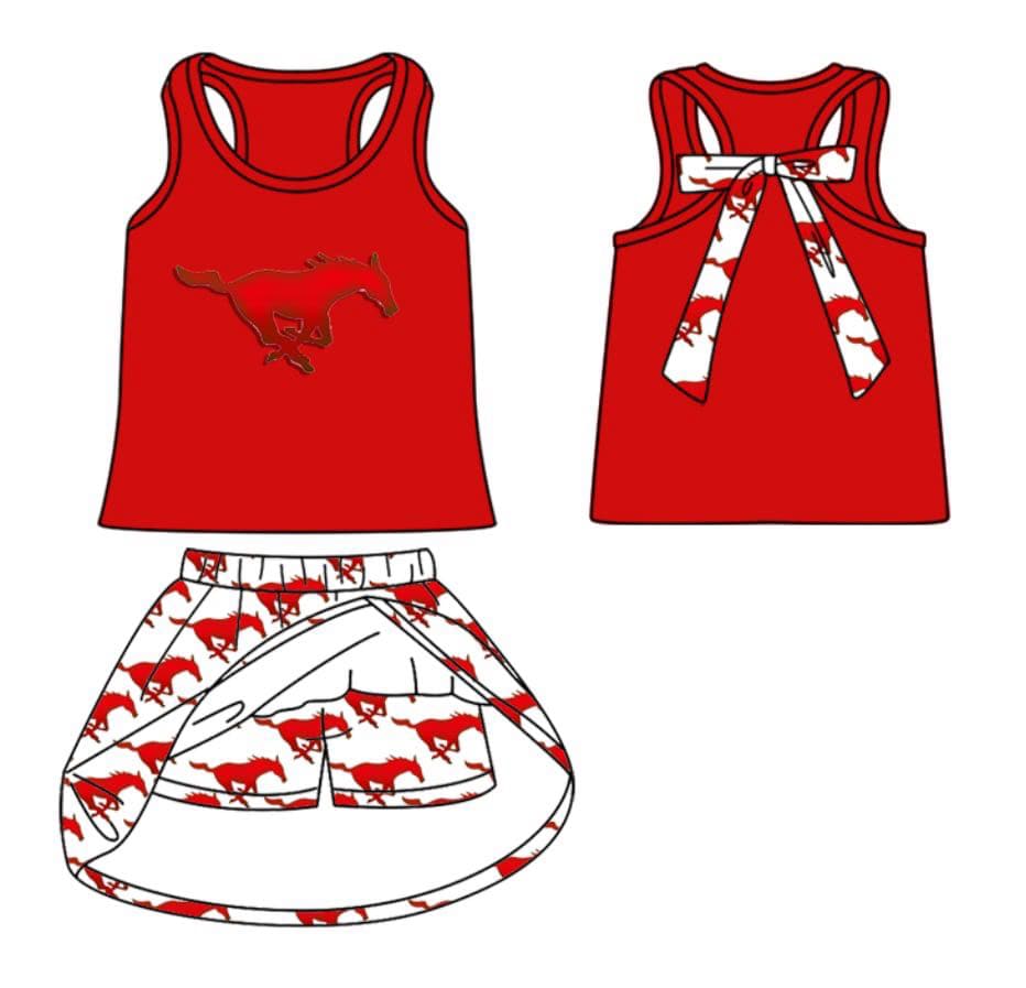 Split Preorder July 20th Baby Girls Red Sleeveless Horse Vest Top Plaid Skorts Team Set