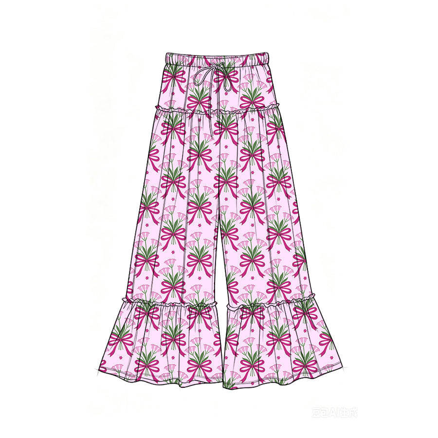 Preorder (moq 5)Baby Girls Bows Flowers Checked Bell Bottom Pants