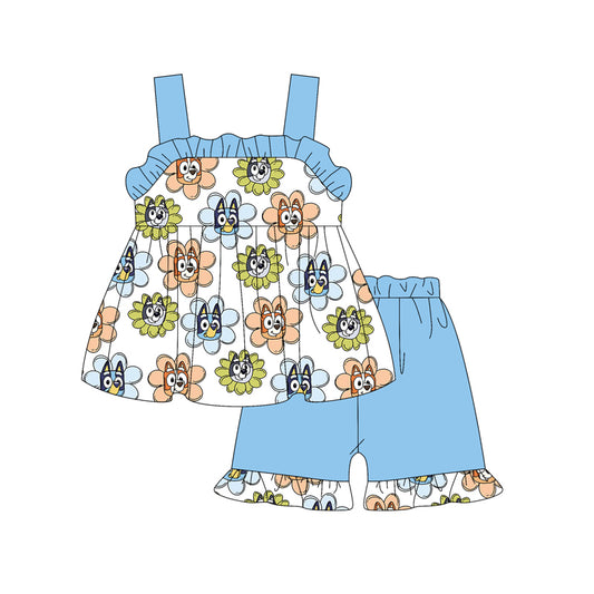 Preorder (moq 5)Baby Girls Blue Strap Cartoon Dogs Flowers Tunic Ruffle Short Set