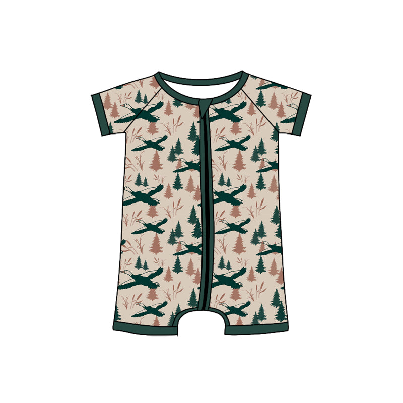 Preorder(moq 5)Baby Infant Boys Green Short Sleeves Ducks Trees Zipper Rompers