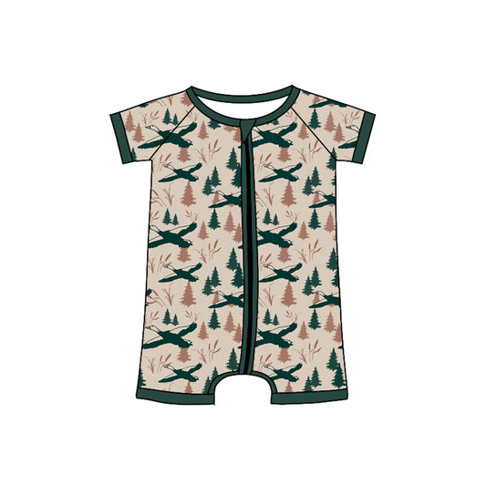 Preorder(moq 5)Baby Infant Boys Green Short Sleeves Ducks Trees Zipper Rompers