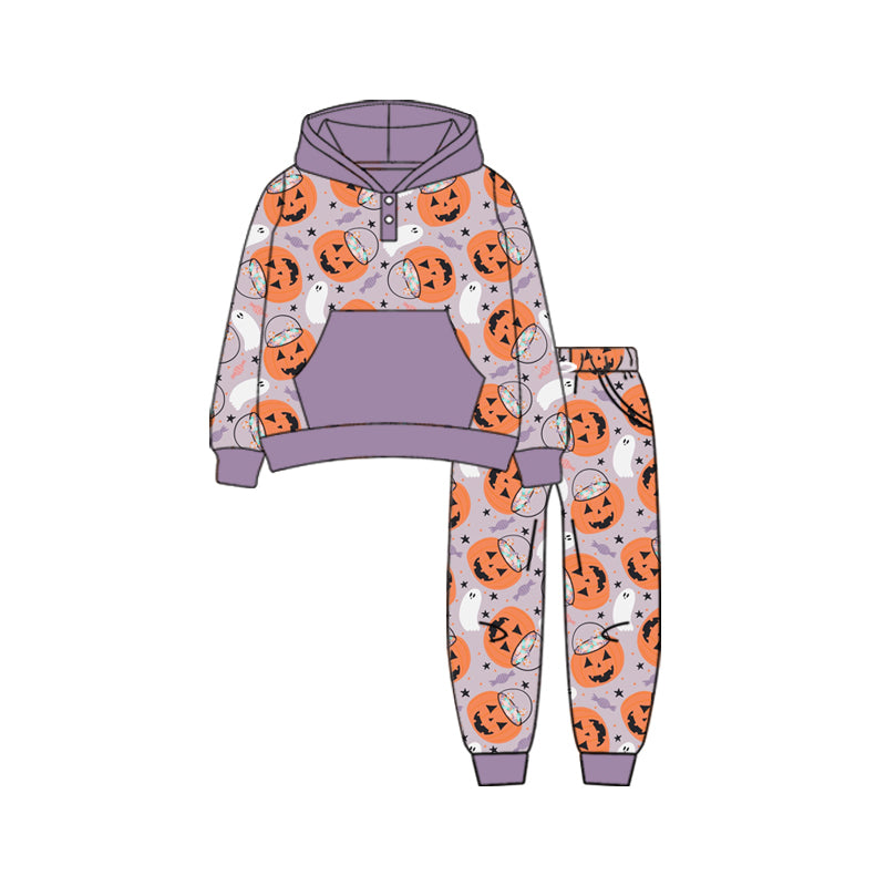 Preorder (moq 5)Baby Boys Long Sleeves Ghost Pumpkins Button Pocket Hoodies Legging Pants Set