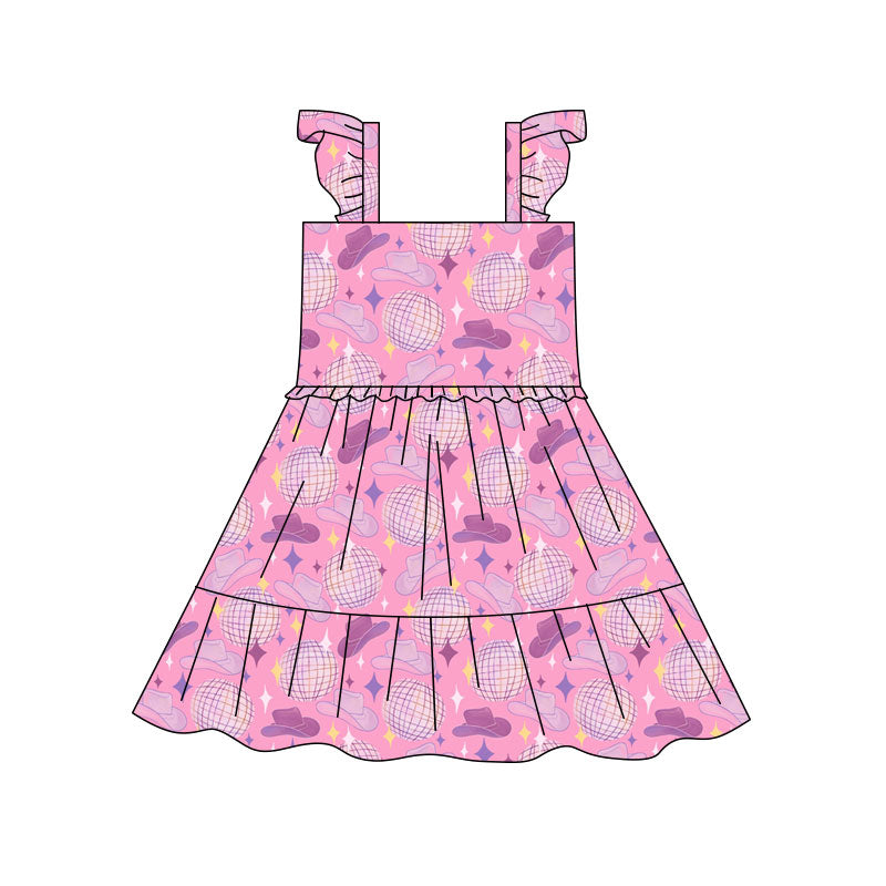 Preorder(moq 5) Baby Girls Pink Hats Stars Patchwork Western Knee Length Dresses