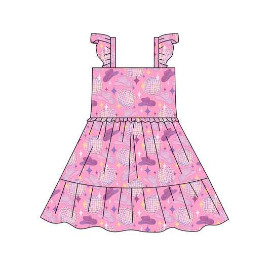 Preorder(moq 5) Baby Girls Pink Hats Stars Patchwork Western Knee Length Dresses