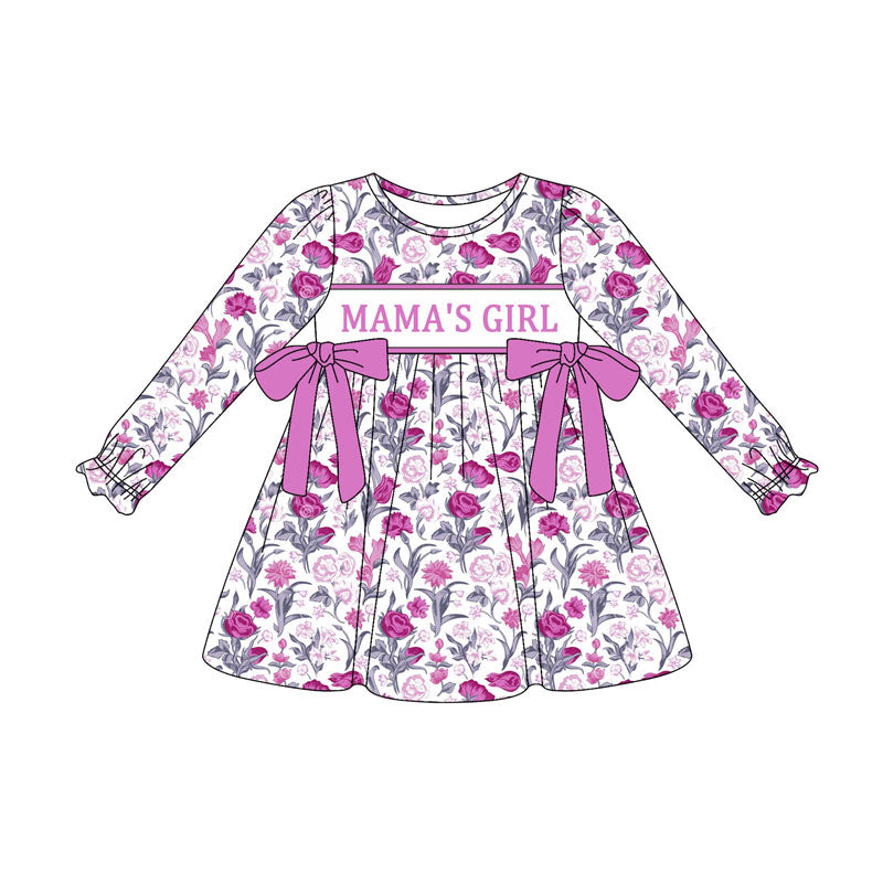 Preorder(moq 8)Baby Girls Hot Pink Flowers Bows Mama's Girl Knee Length Dresses